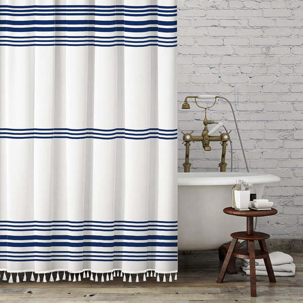 Highland Dunes Lundon Waterproof Blue Striped Shower Curtain with Hooks